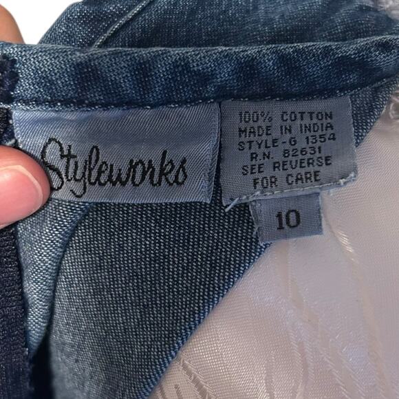 Vintage 90s Denim Maxi Dress Lace Neckline A-Line Tie Back Styleworks Sz 10 - Picture 8 of 16